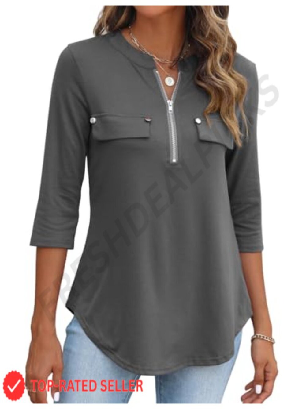 Womens 3/4 Sleeve V-Neck Zipper Front Tunic Top Flowy Blouse